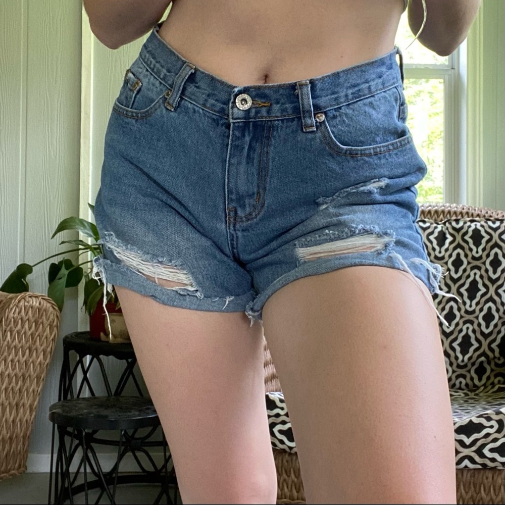 Medium Wash Ripped Denim Shorts